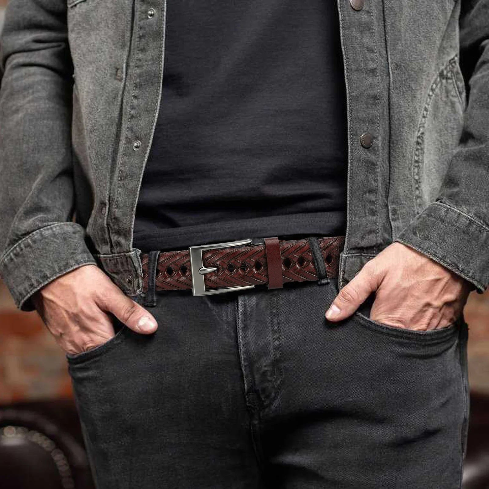 Men’s Genuine Leather Belt – Vintage Braided Casual Edition